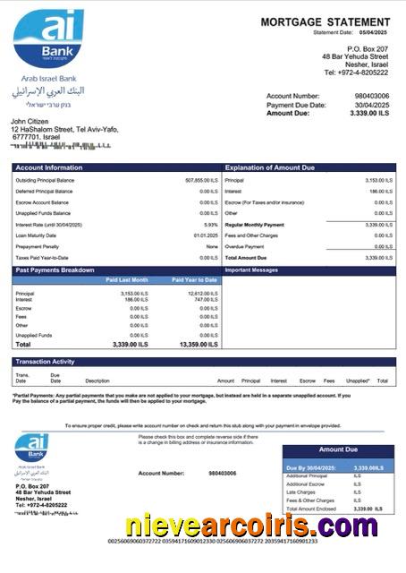 Israel Arab Israel Bank mortgage statement Word and PDF template